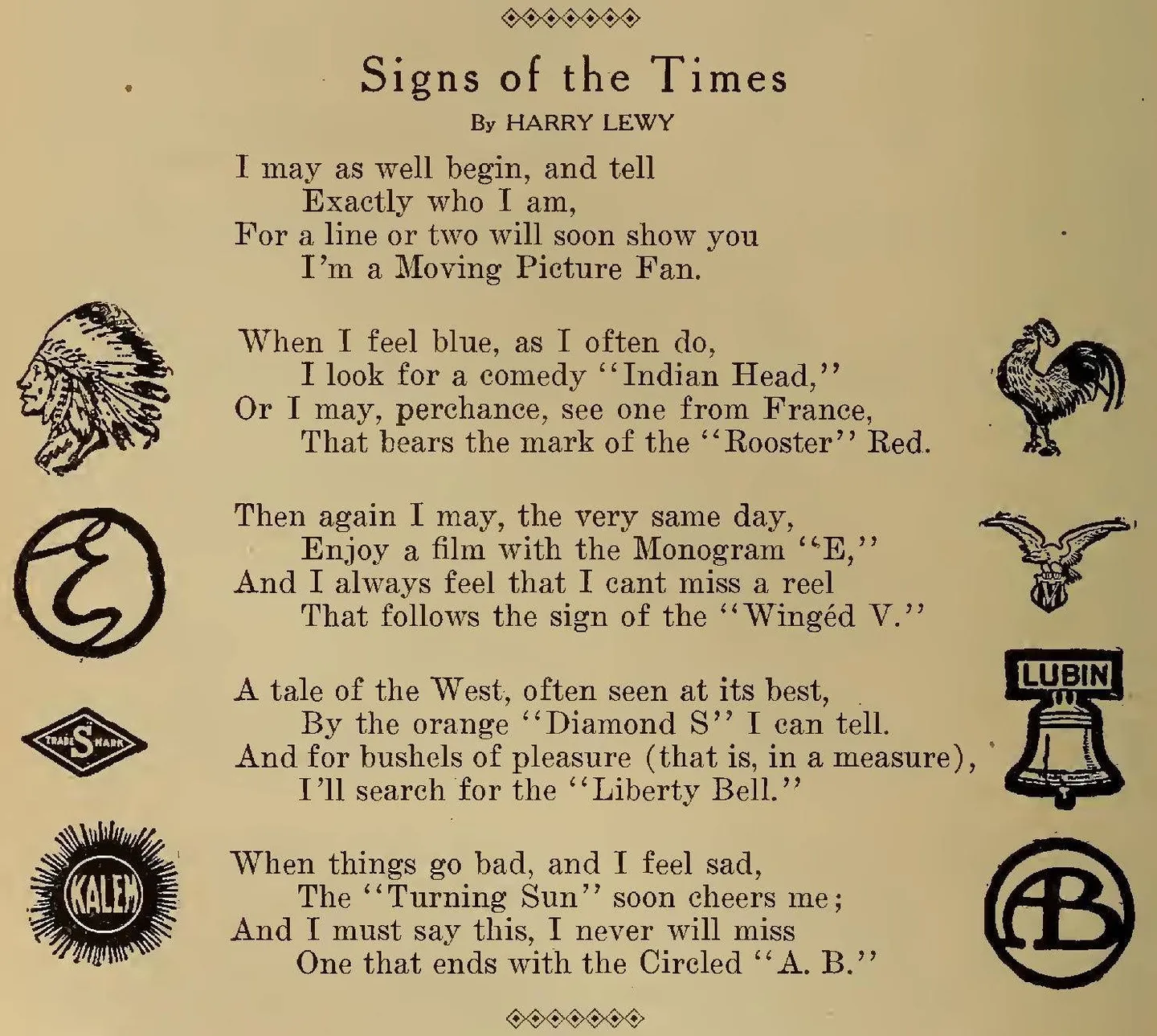 A 1912 magazine page of motion picture company trademarks