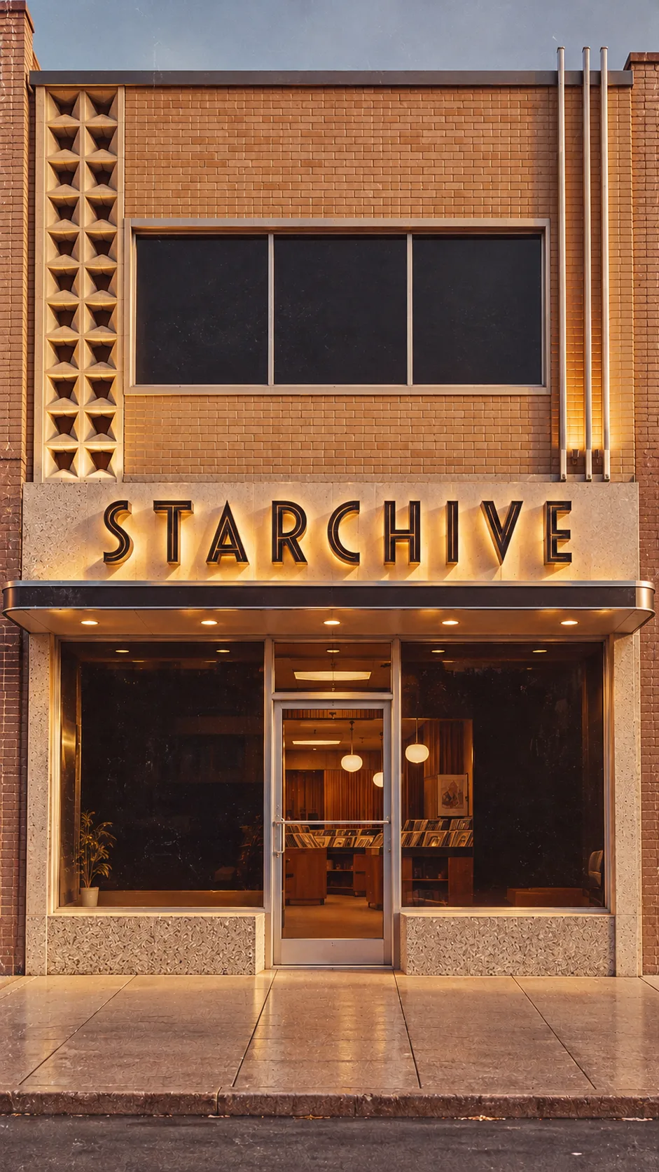 The Starchive building: a mid-century record store with a ribbon window over STARCHIVE in lit letters, a steel canopy, two shop windows and a glass door between them.