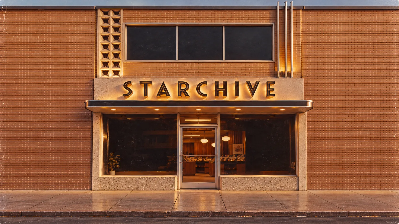 The Starchive record store: a mid-century front of tan brick and a breeze-block screen, STARCHIVE in lit letters over a steel canopy, a ribbon window above, two shop windows and a glass door between them.