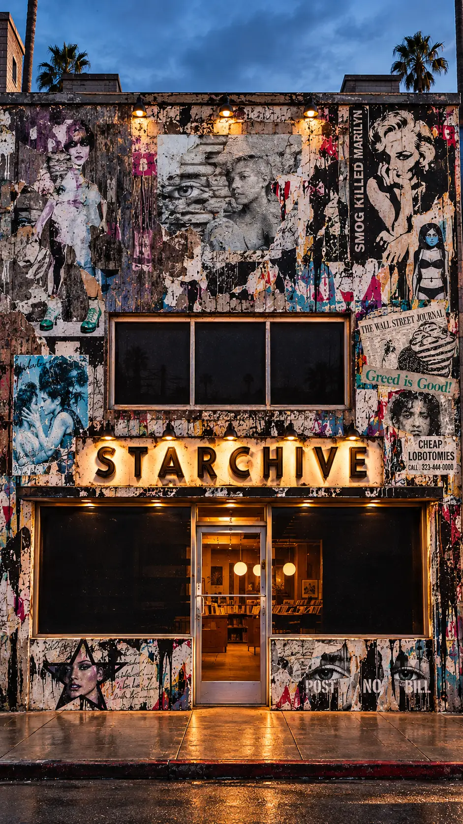 The Starchive building in Los Angeles: two storeys papered in torn street posters under palm trees, a three-pane window over STARCHIVE in lit letters, two shop windows and a glass door onto a lit record room.
