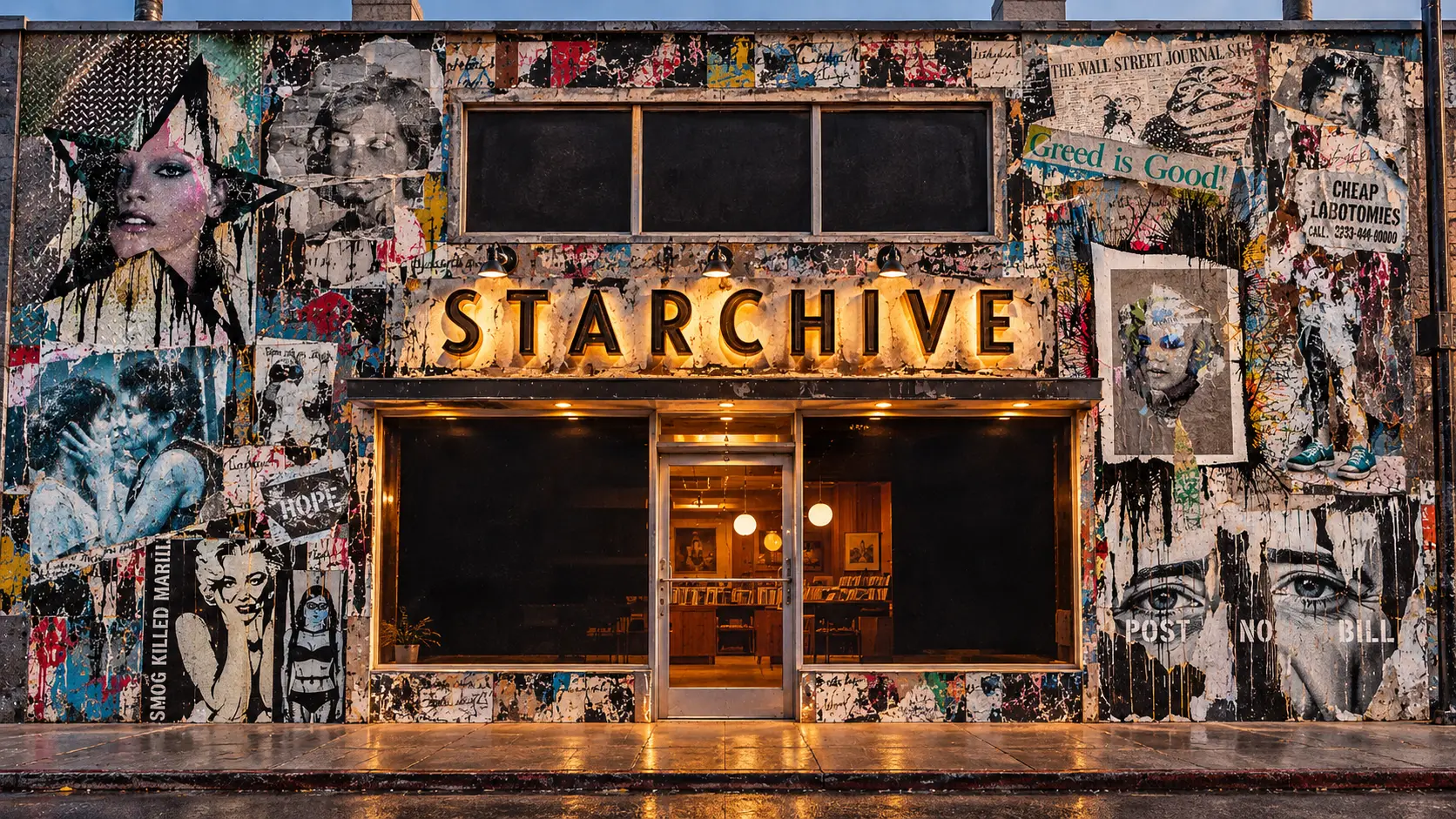The Starchive storefront in Los Angeles: a wall of torn street posters, a three-pane window above STARCHIVE in lit letters, two shop windows and a glass door onto a lit record room.