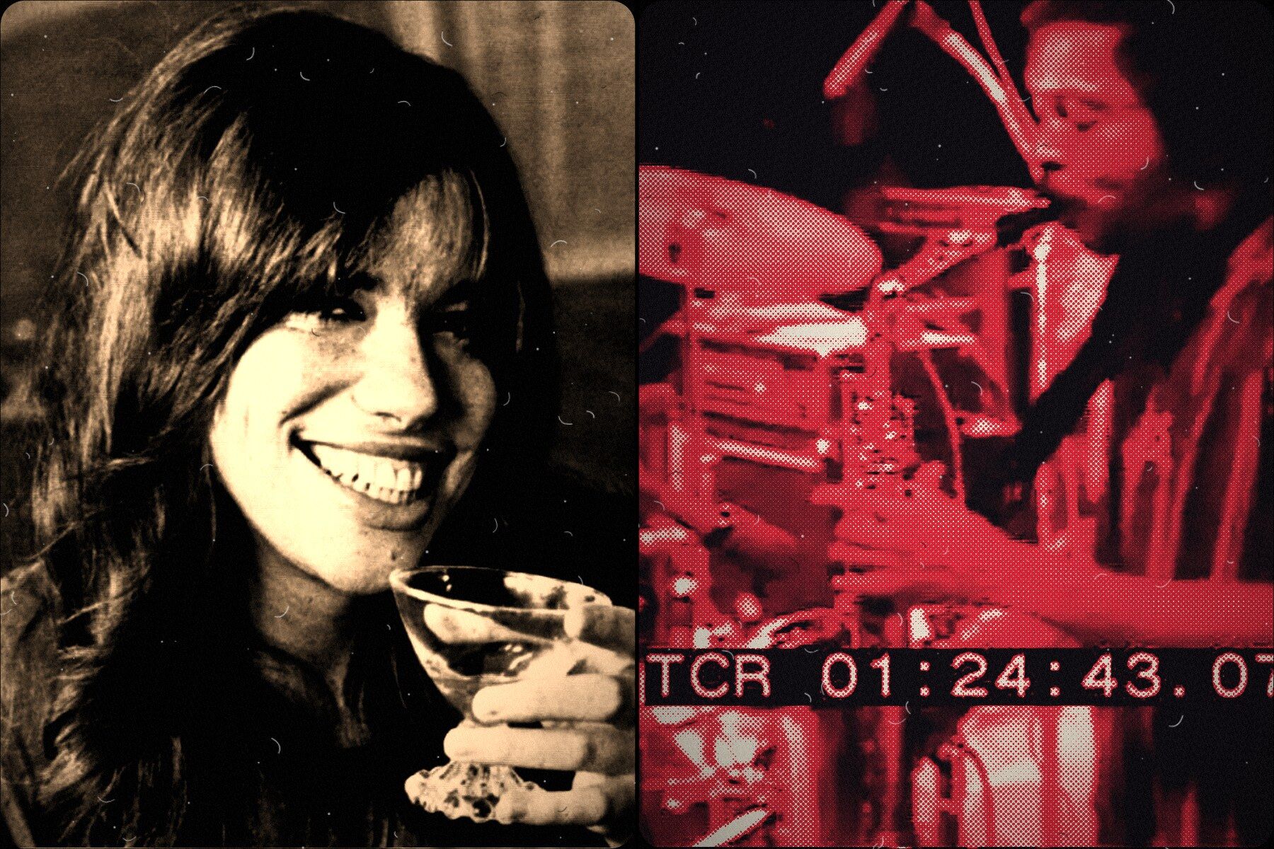 Two archive photographs side by side: a smile and a raised glass, a saxophone in red
