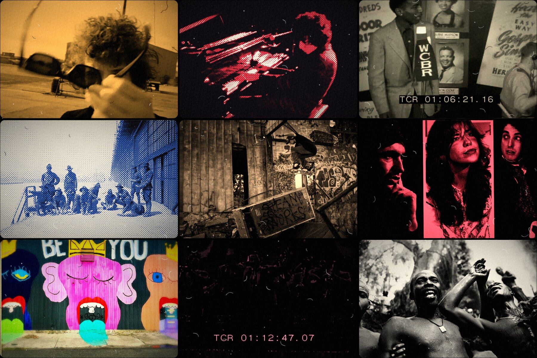 A split screen of nine archive photographs cut together on the beat