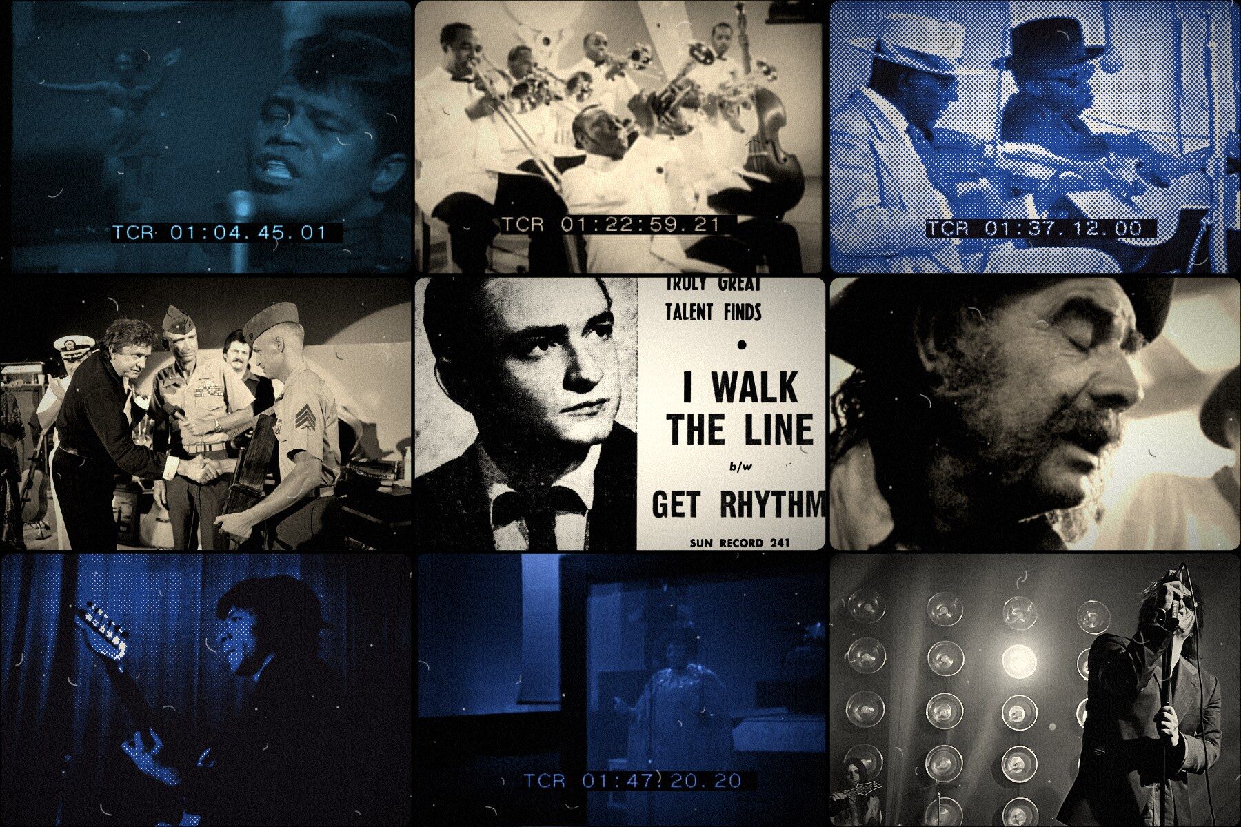 A split screen of nine archive frames around Johnny Cash and a 1956 Sun Records advertisement for I Walk the Line