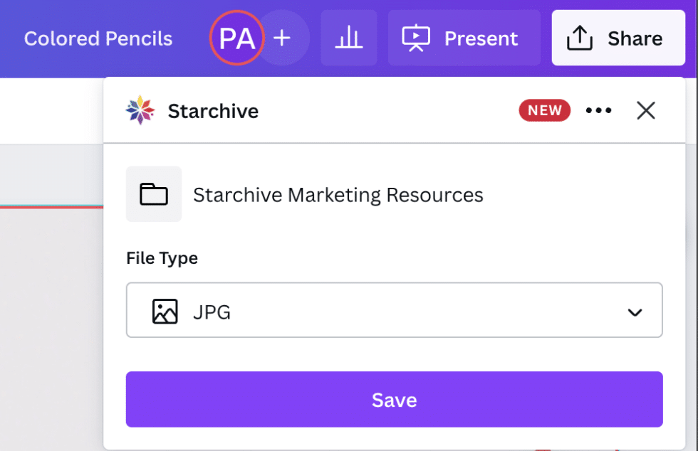 Connect to Canva to import files and save your designs to Starchive Starchive